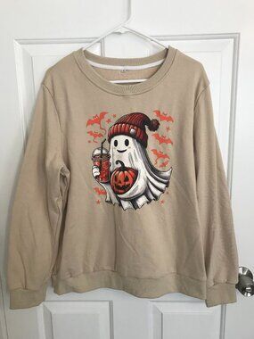 Halloween Ghost Latte Pumpkin Bats Graphic Sweatshirt Size XL Beige Orange